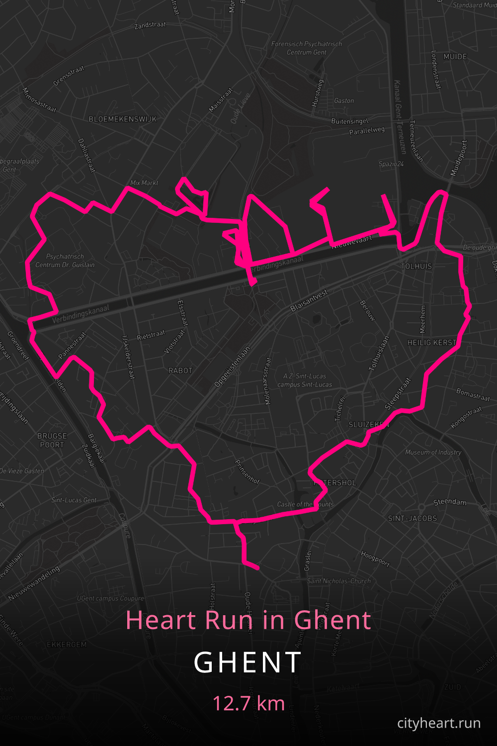 Heart-shaped running route in Ghent, 13.3 km — GPS art for Strava