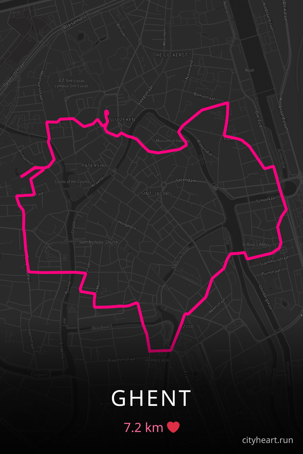 Heart-shaped running route in Ghent, 7.2 km — GPS art for Strava