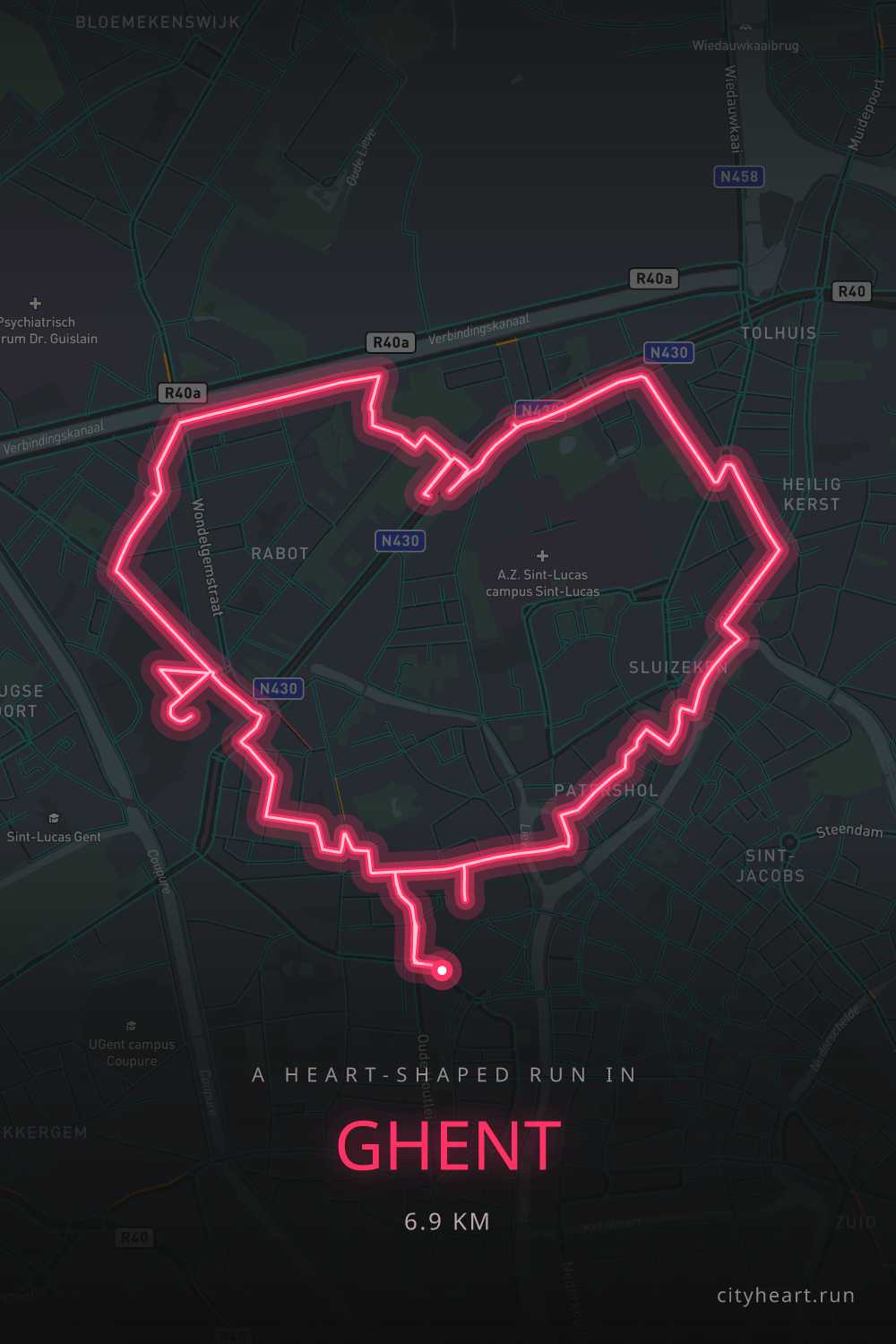 Heart-shaped running route in Ghent, 6.9 km — GPS art for Strava