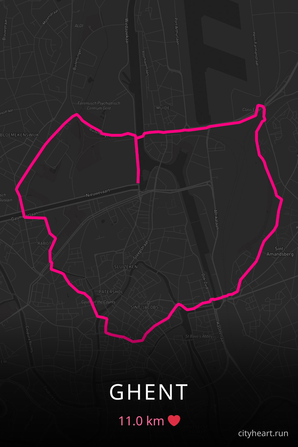 Heart-shaped running route in Ghent, 11.0 km — GPS art for Strava