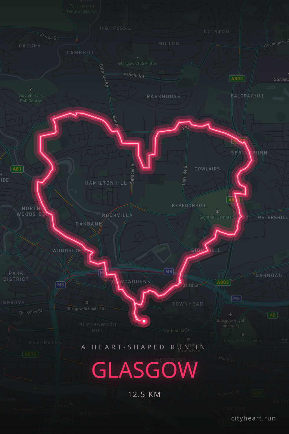 Heart-shaped running route in Glasgow, 14.2 km — GPS art for Strava