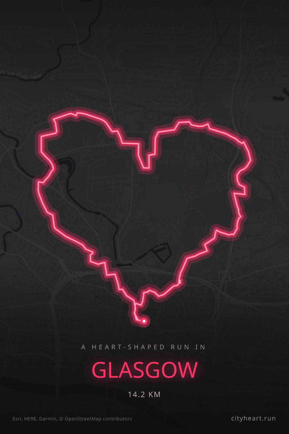 Heart-shaped running route in Glasgow, 14.2 km — GPS art for Strava
