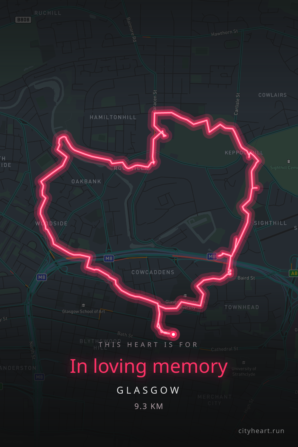 Heart-shaped running route in Glasgow, 9.3 km — GPS art for Strava