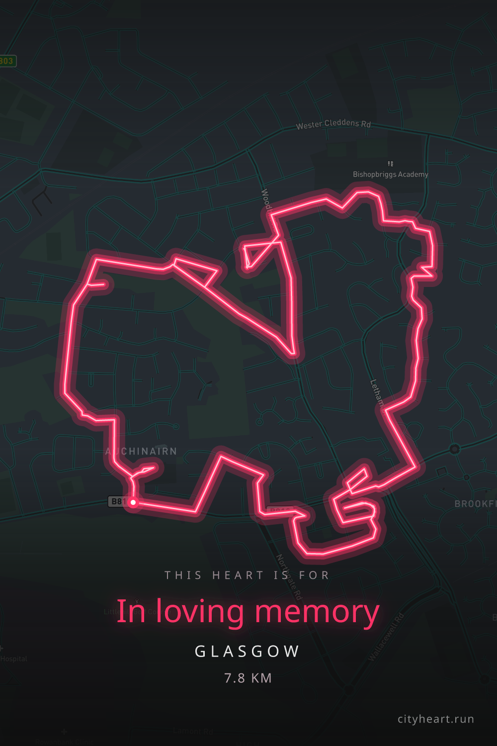 Heart-shaped running route in Glasgow, 7.8 km — GPS art for Strava