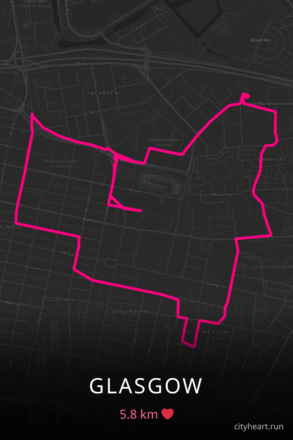 Heart-shaped running route in Glasgow, 5.8 km — GPS art for Strava
