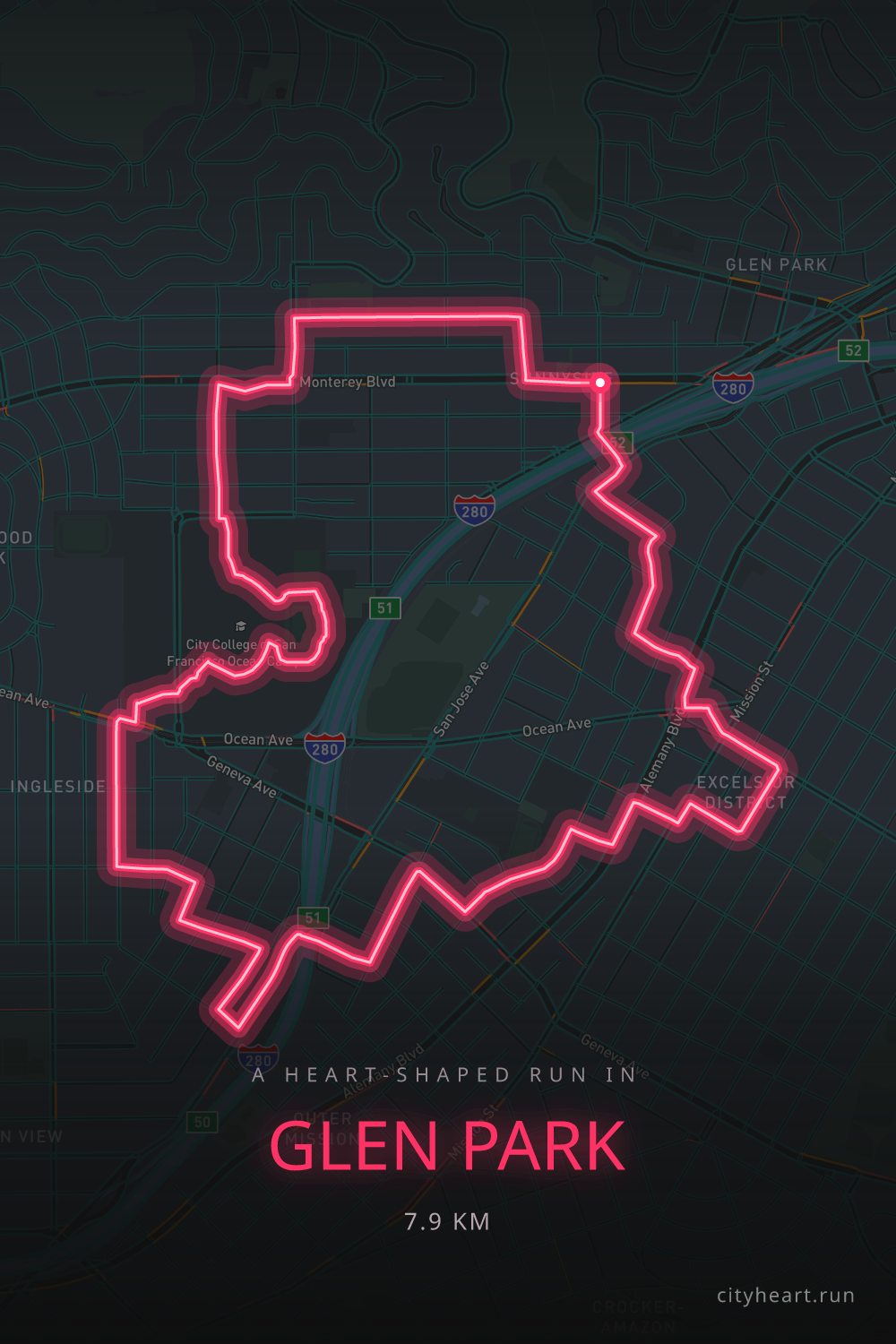 Heart-shaped running route in Glen Park, 7.9 km — GPS art for Strava