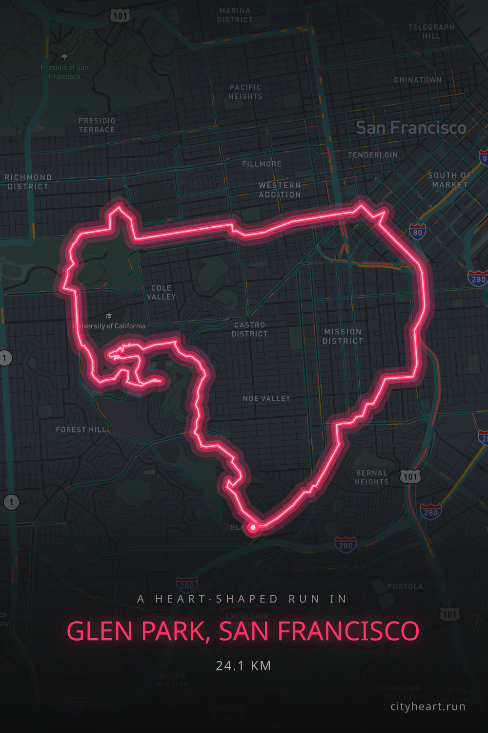 Heart-shaped running route in Glen Park, 24.1 km — GPS art for Strava