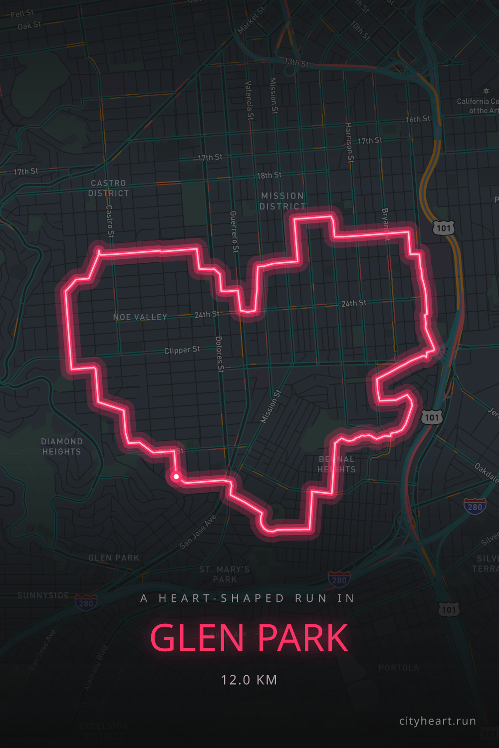 Heart-shaped running route in Glen Park, 12.0 km — GPS art for Strava