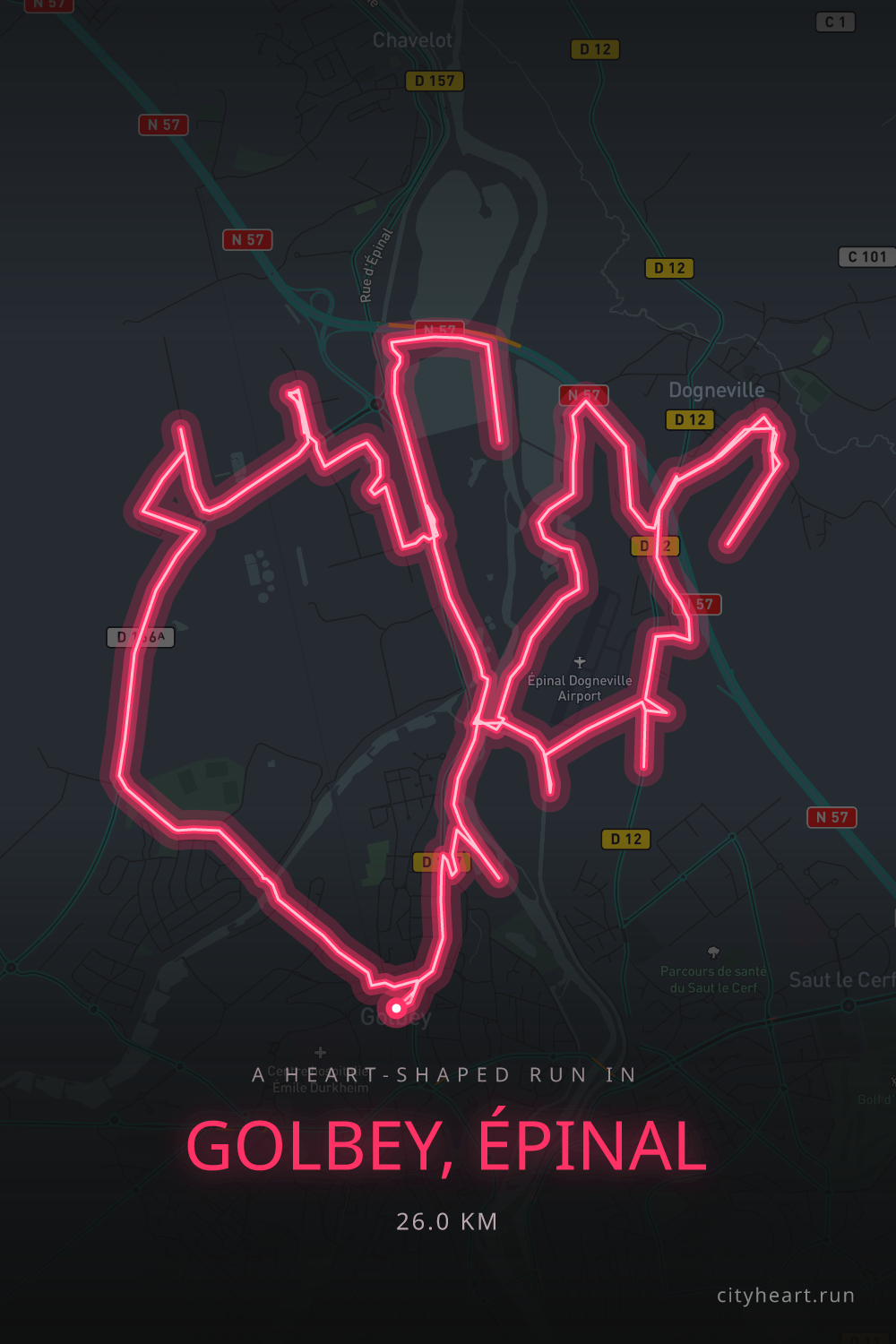 Heart-shaped running route in Golbey, Épinal, 29.0 km — GPS art for Strava
