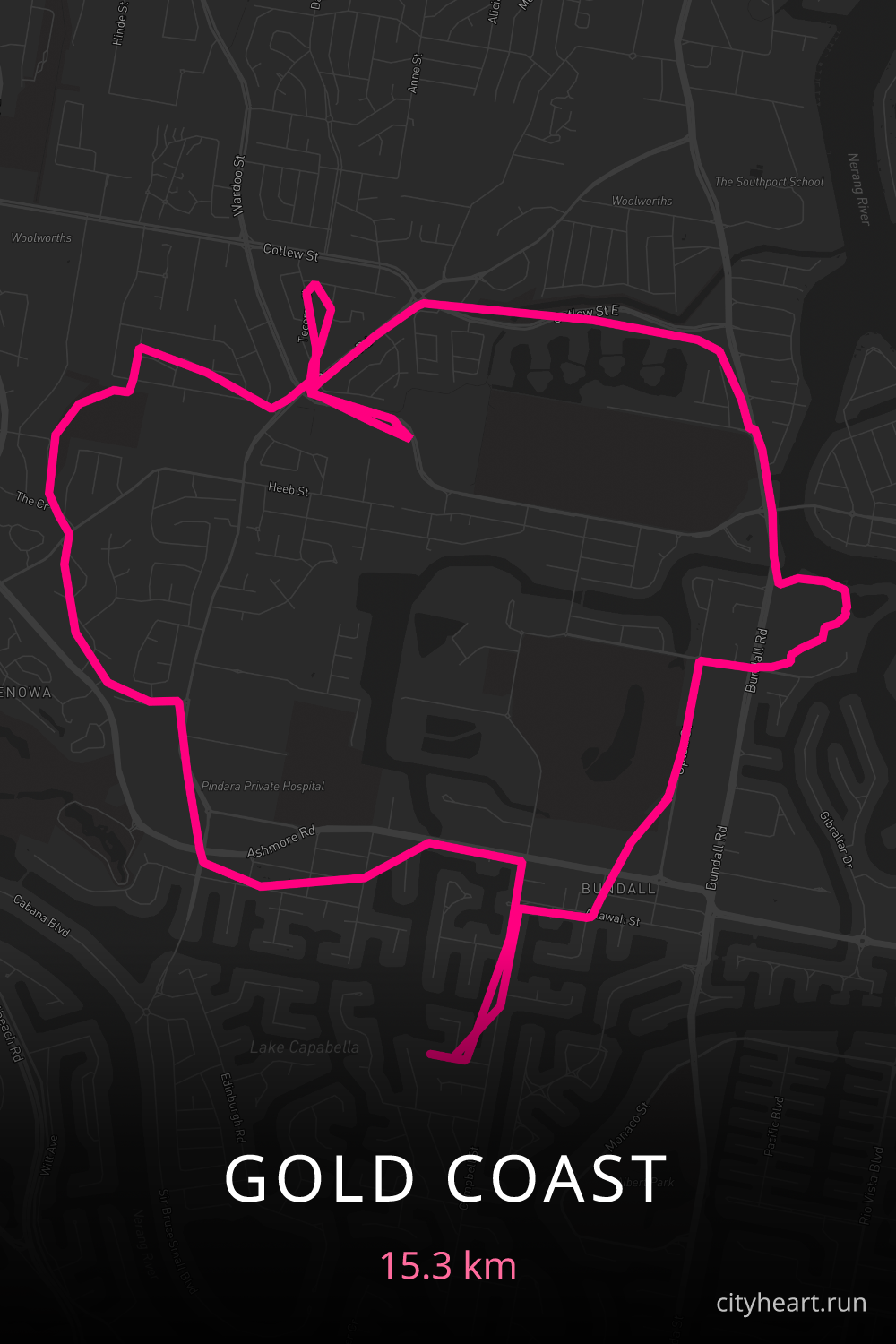 Heart-shaped running route in Gold Coast, 15.3 km — GPS art for Strava