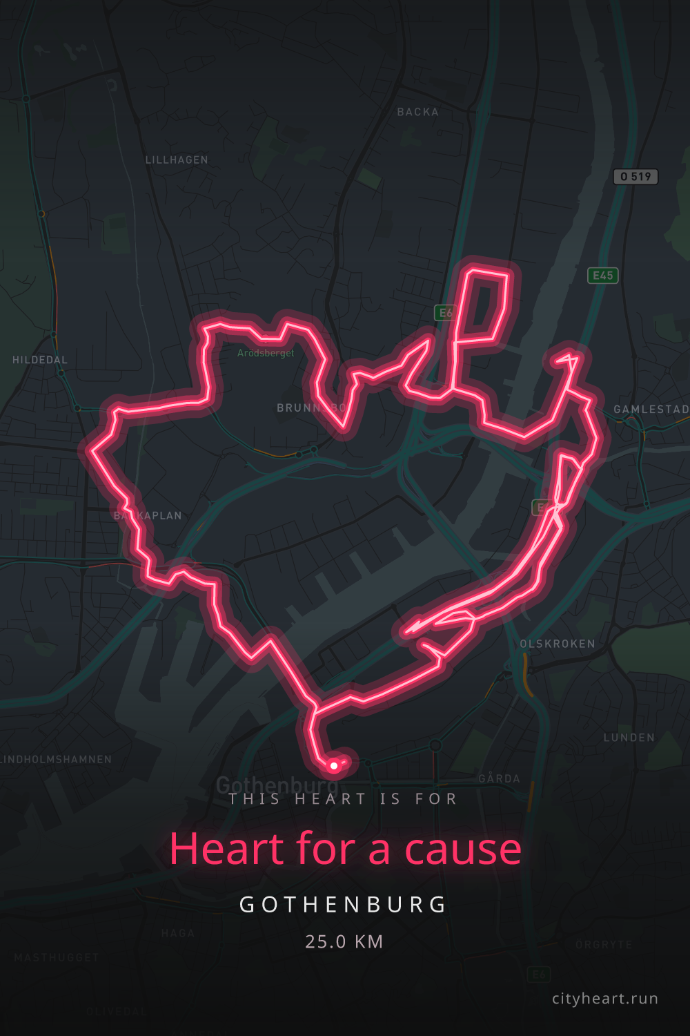 Heart-shaped running route in Gothenburg, 26.1 km — GPS art for Strava