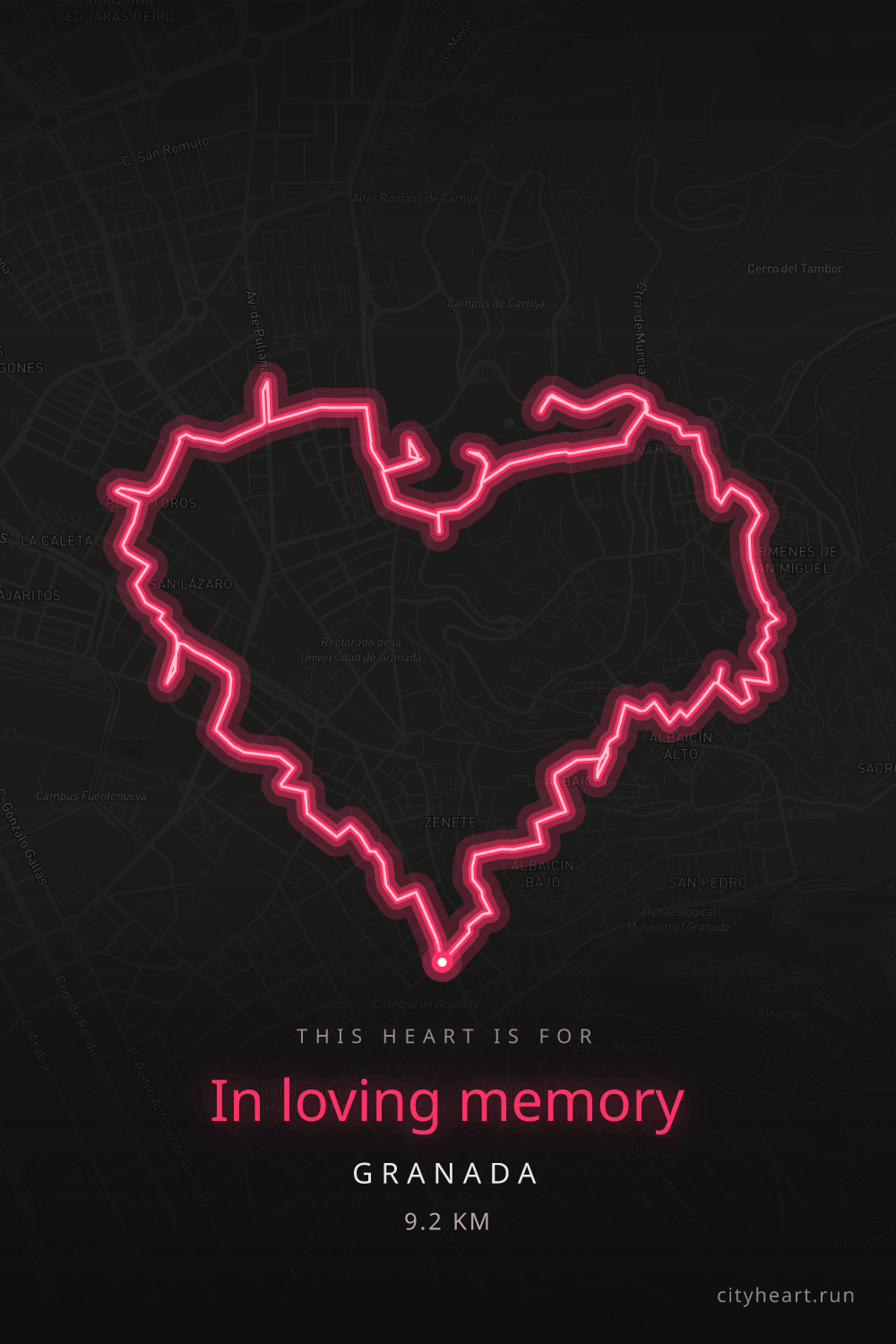 Heart-shaped running route in Granada, 9.2 km — GPS art for Strava