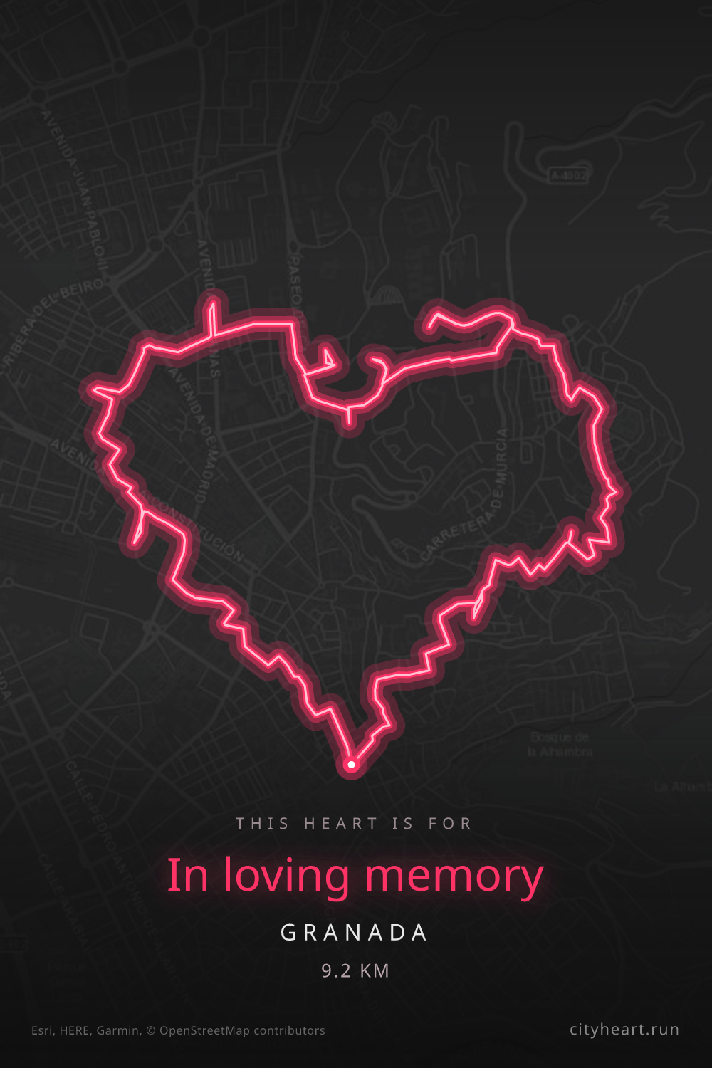 Heart-shaped running route in Granada, 9.2 km — GPS art for Strava