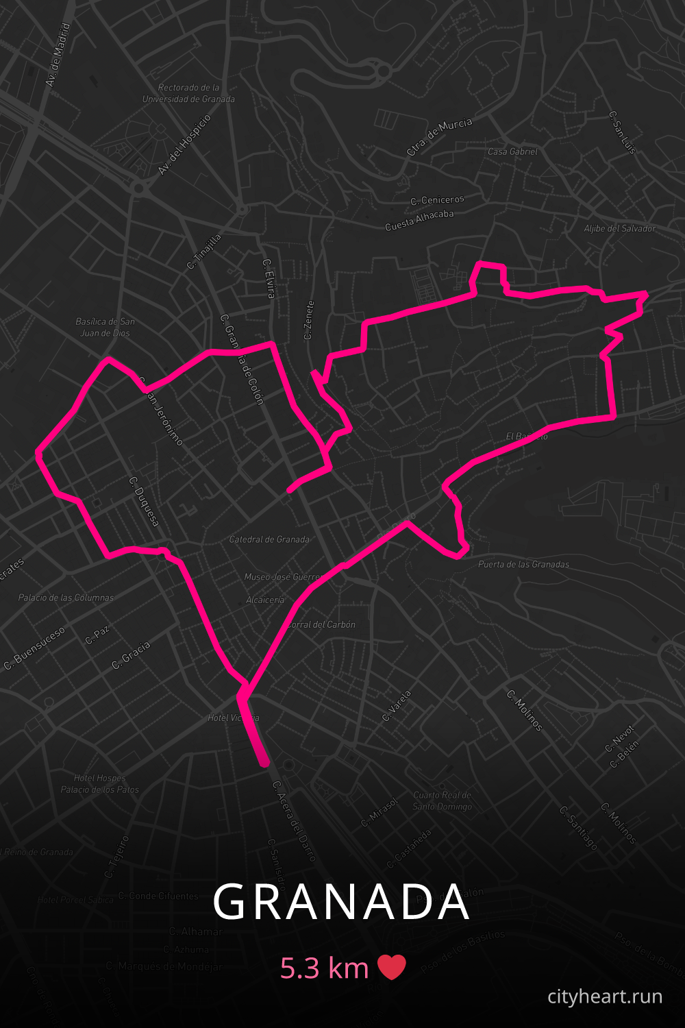 Heart-shaped running route in Granada, 5.3 km — GPS art for Strava