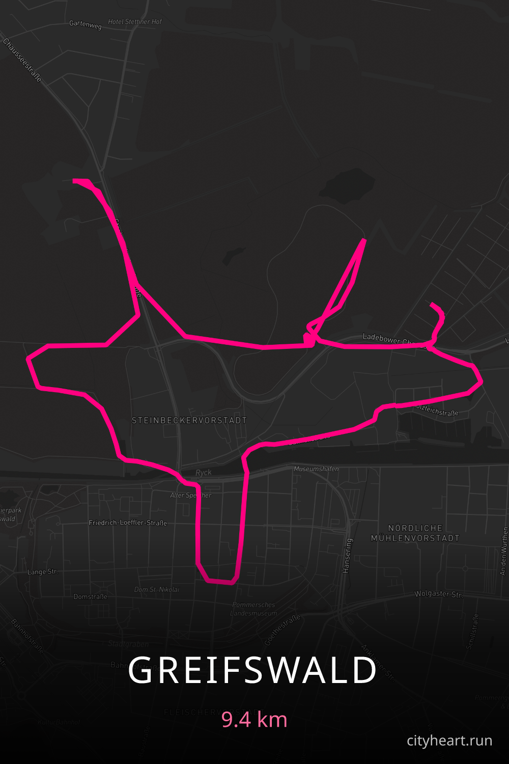 Heart-shaped running route in Greifswald, 9.4 km — GPS art for Strava