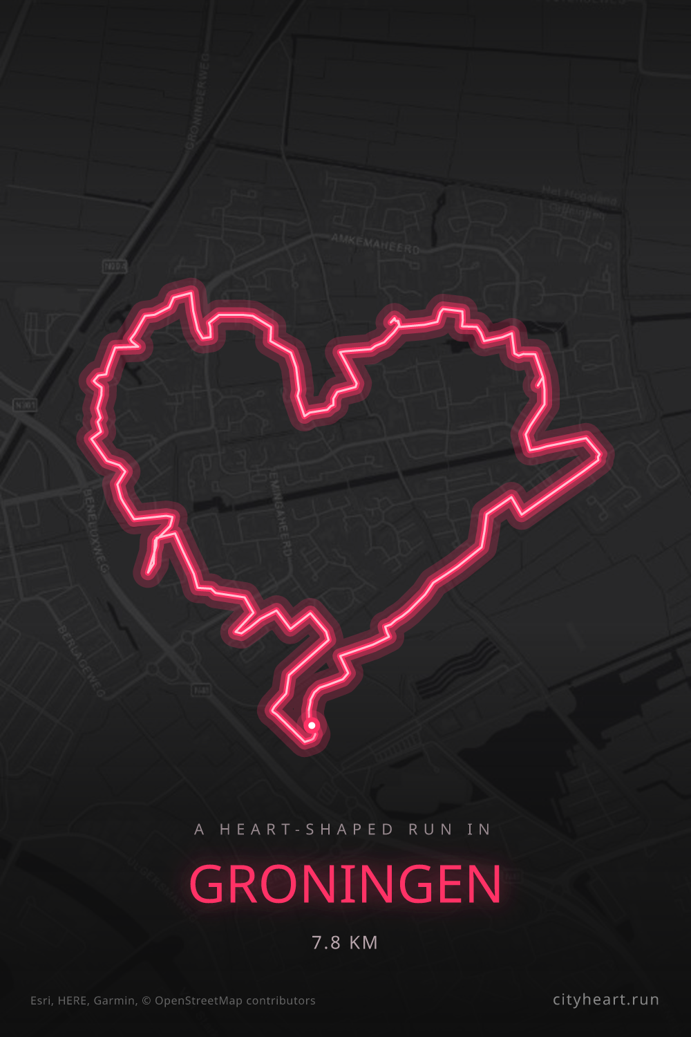 Heart-shaped running route in Groningen, 7.8 km — GPS art for Strava