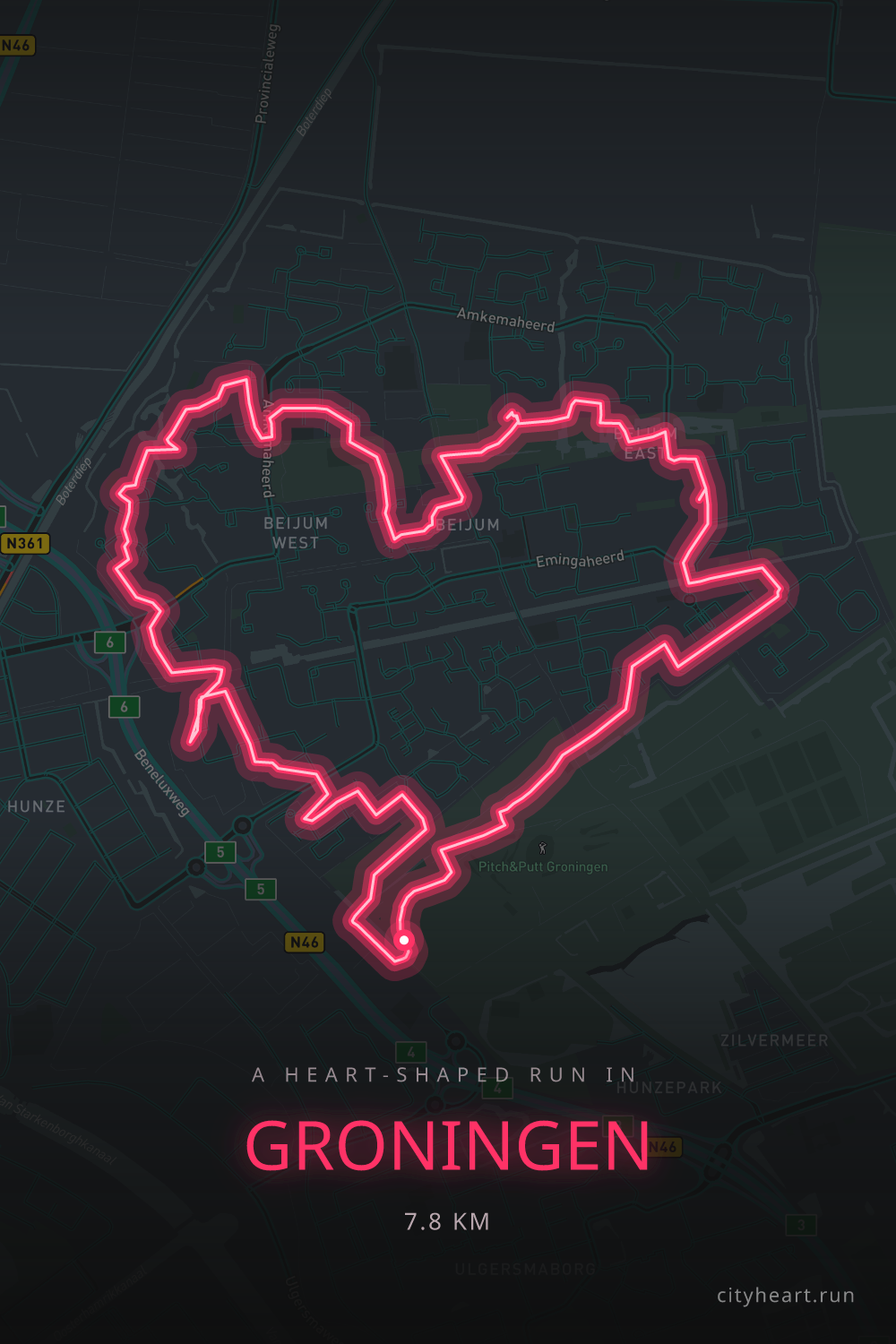 Heart-shaped running route in Groningen, 7.8 km — GPS art for Strava