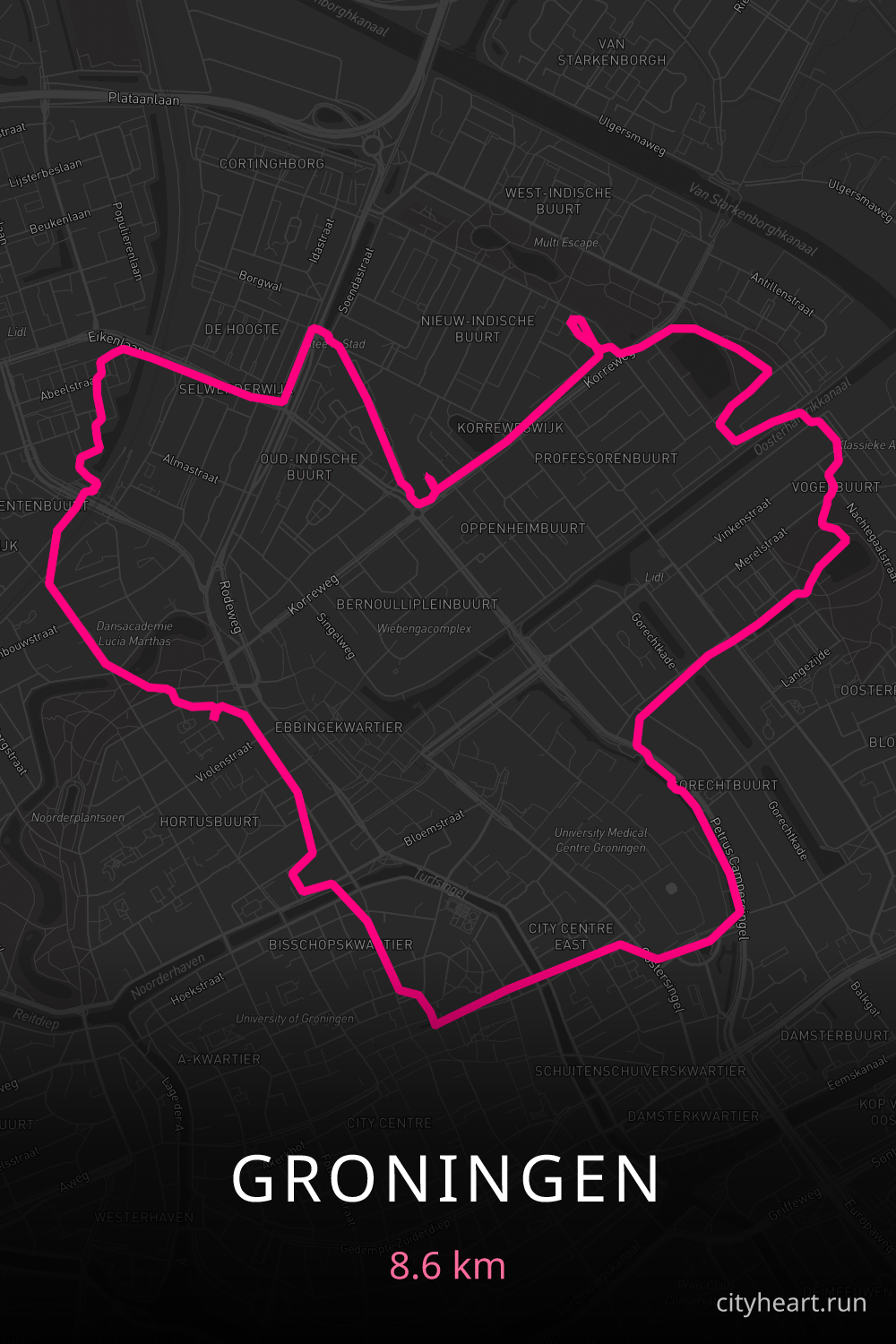 Heart-shaped running route in Groningen, 8.6 km — GPS art for Strava
