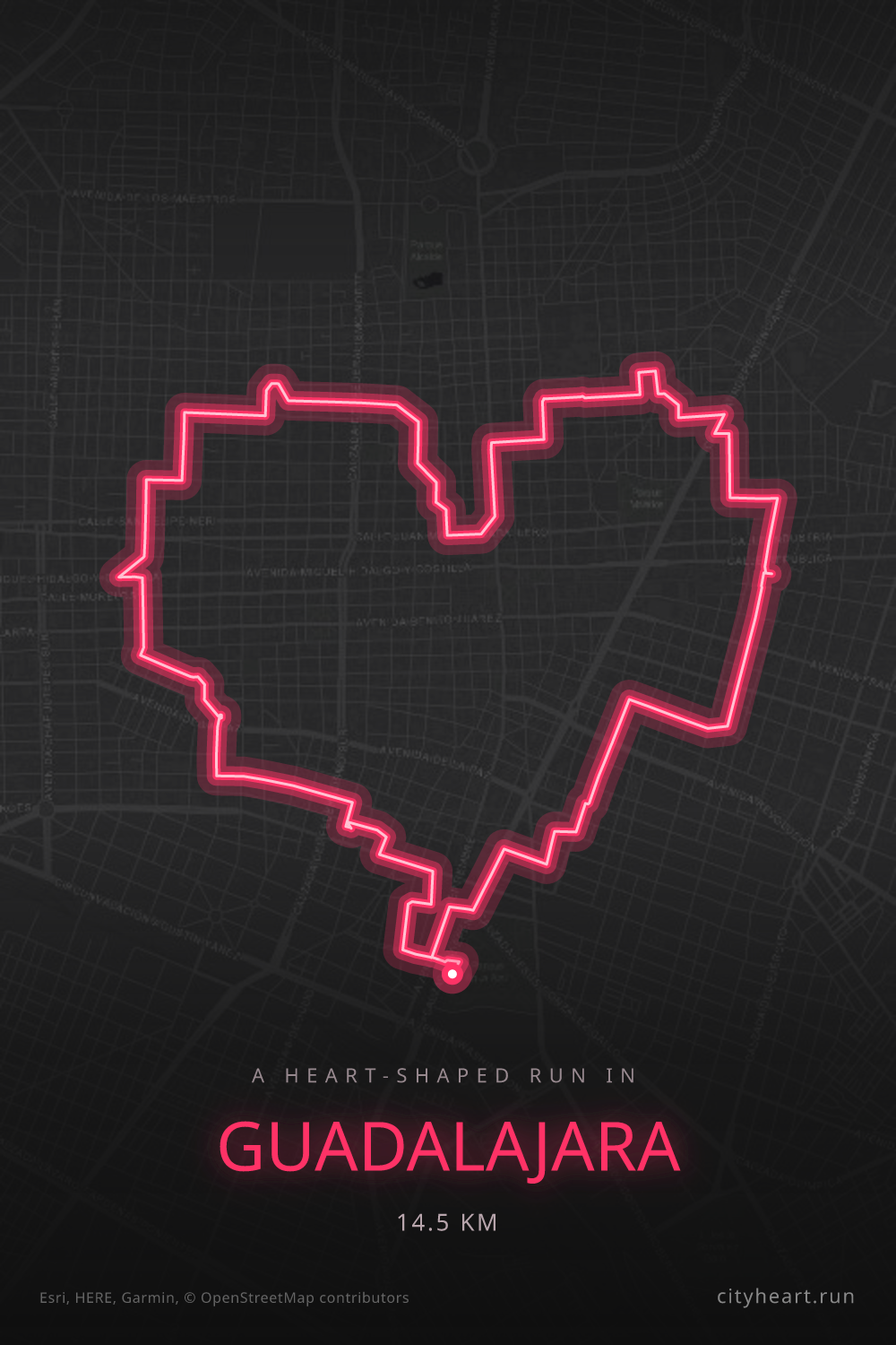 Heart-shaped running route in Guadalajara, 14.5 km — GPS art for Strava
