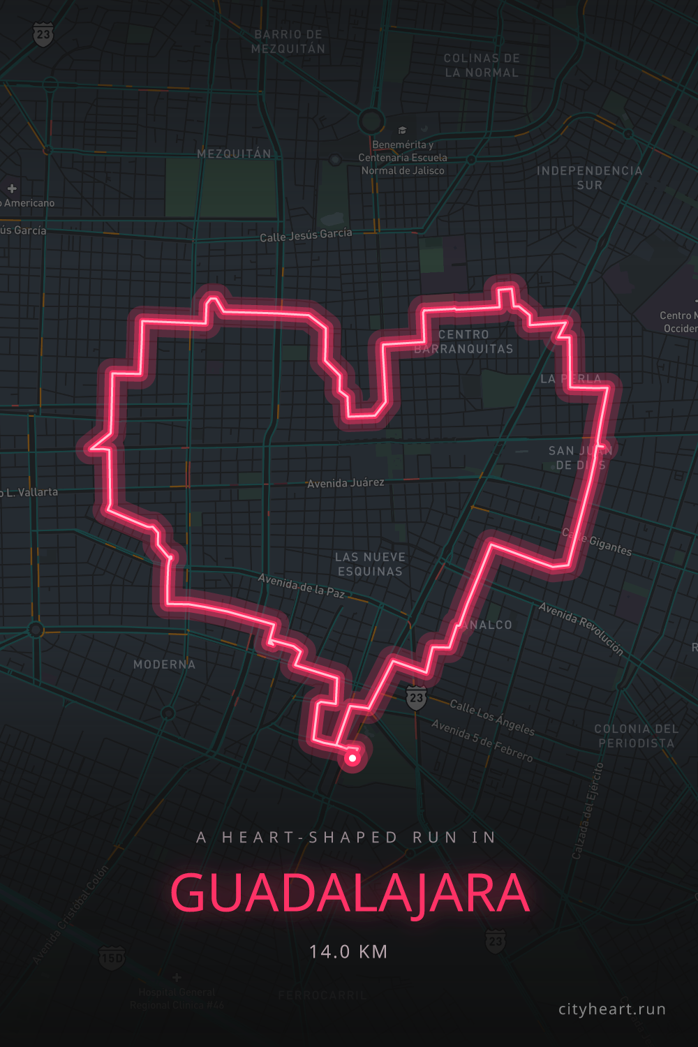 Heart-shaped running route in Guadalajara, 14.5 km — GPS art for Strava