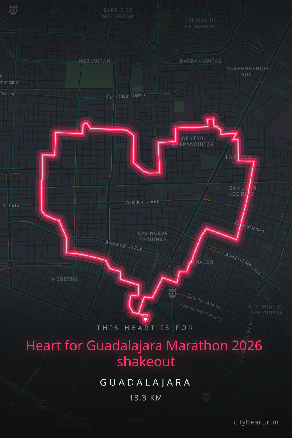 Heart-shaped running route in Guadalajara, 13.3 km — GPS art for Strava