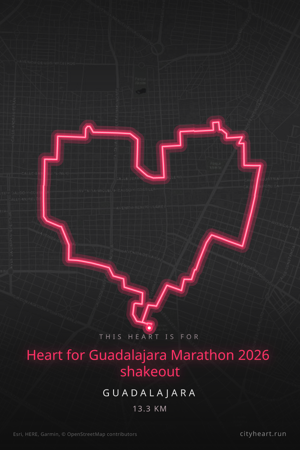 Heart-shaped running route in Guadalajara, 13.3 km — GPS art for Strava