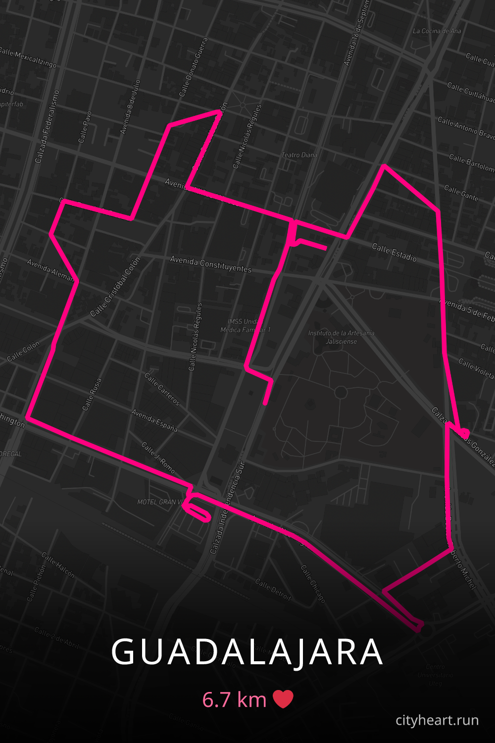Heart-shaped running route in Guadalajara, 6.7 km — GPS art for Strava