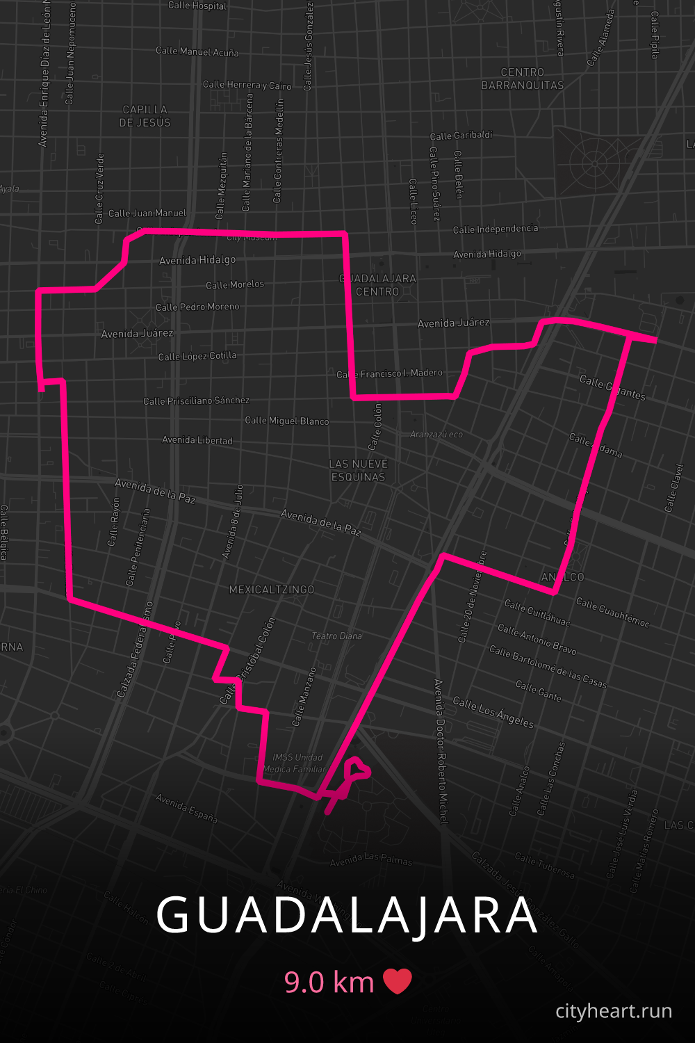 Heart-shaped running route in Guadalajara, 9.0 km — GPS art for Strava