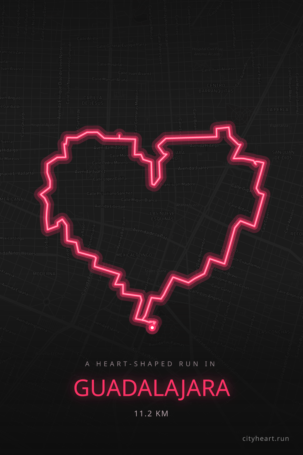 Heart-shaped running route in Guadalajara, 11.9 km — GPS art for Strava