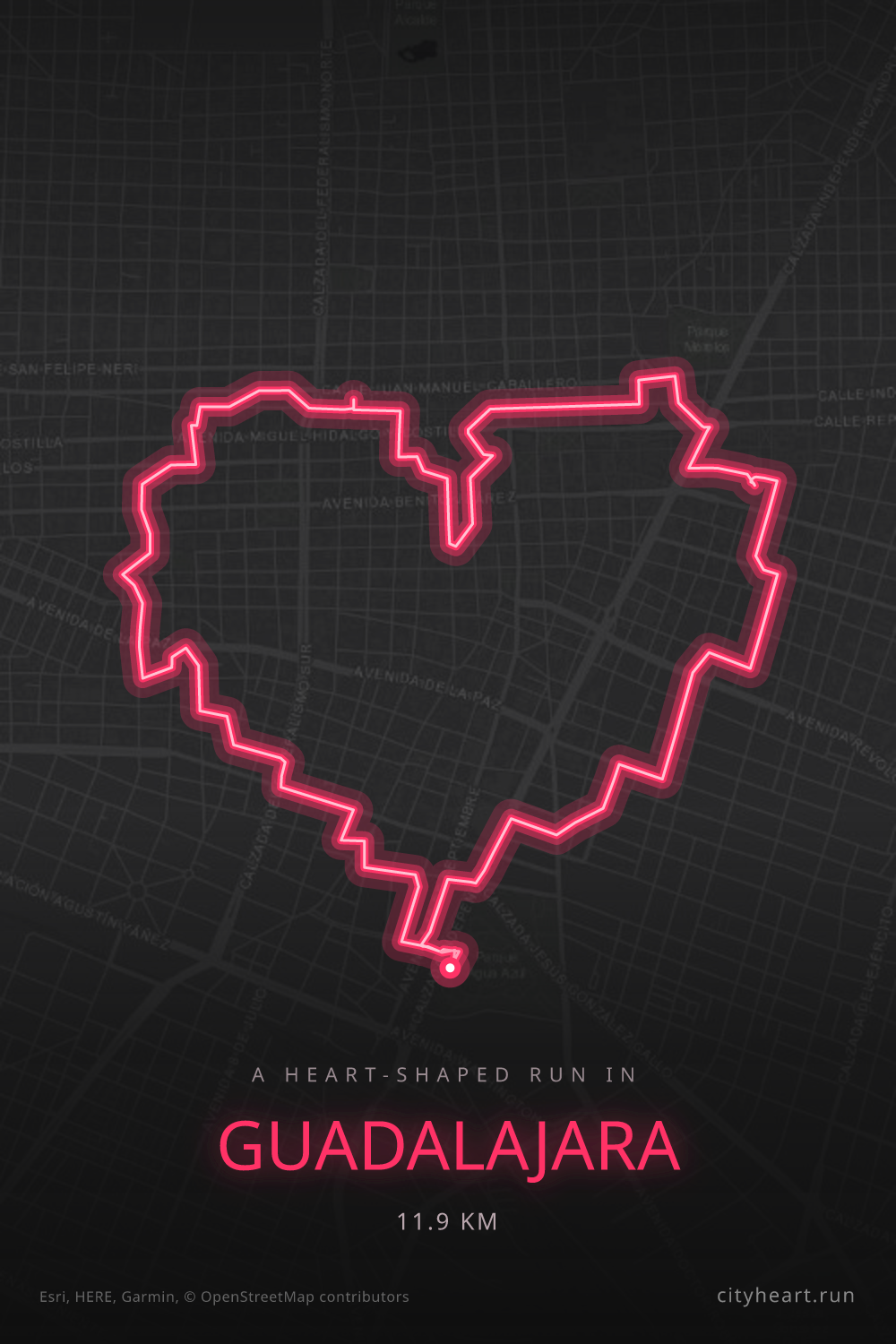Heart-shaped running route in Guadalajara, 11.9 km — GPS art for Strava