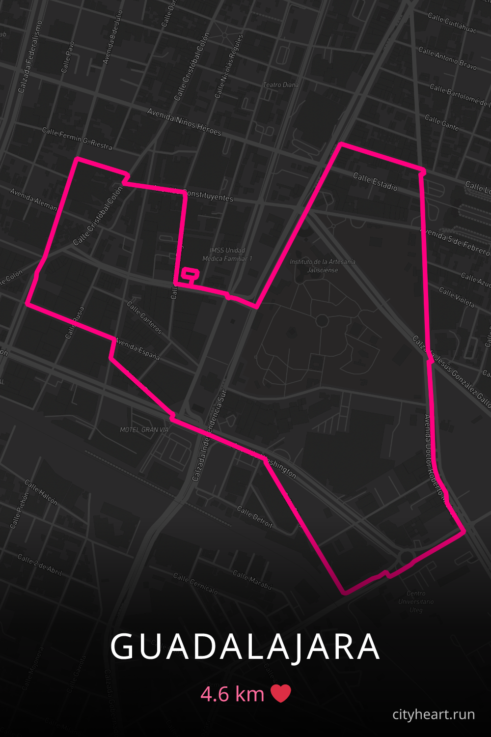 Heart-shaped running route in Guadalajara, 4.6 km — GPS art for Strava