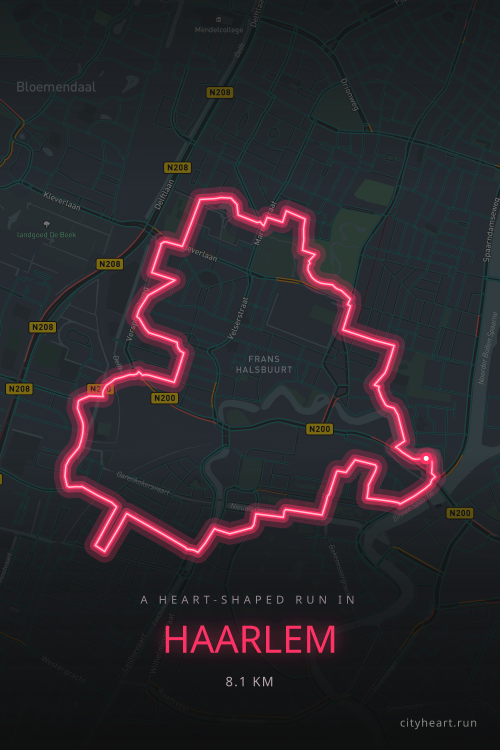 Heart-shaped running route in Haarlem, 8.1 km — GPS art for Strava