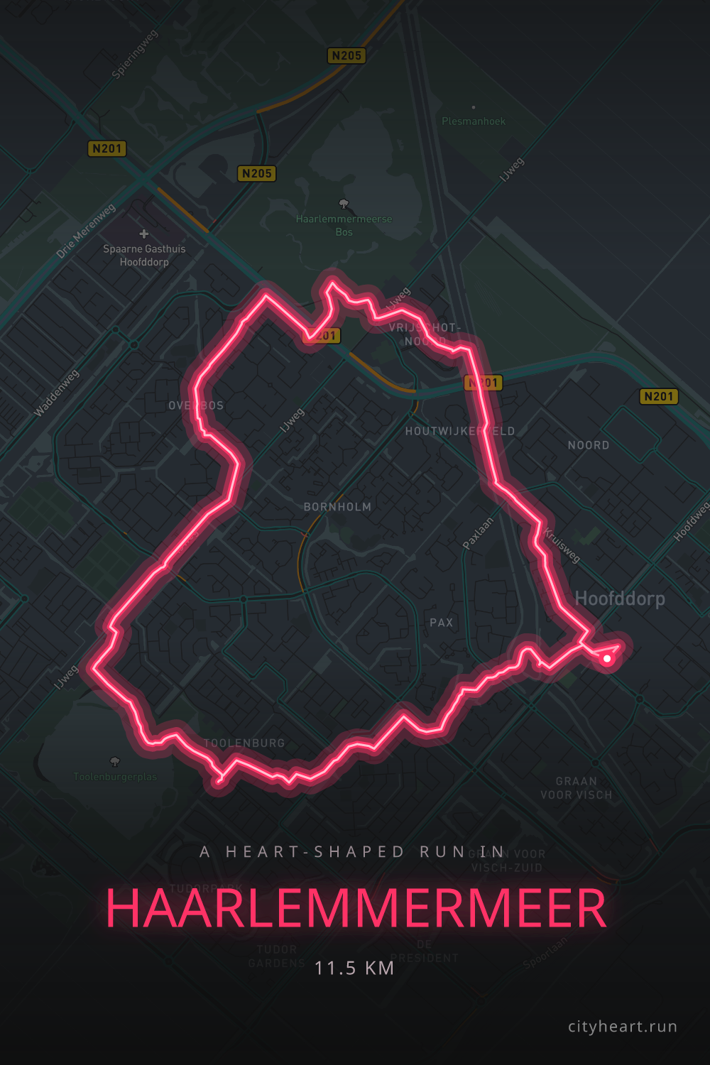 Heart-shaped running route in Haarlemmermeer, 12.8 km — GPS art for Strava