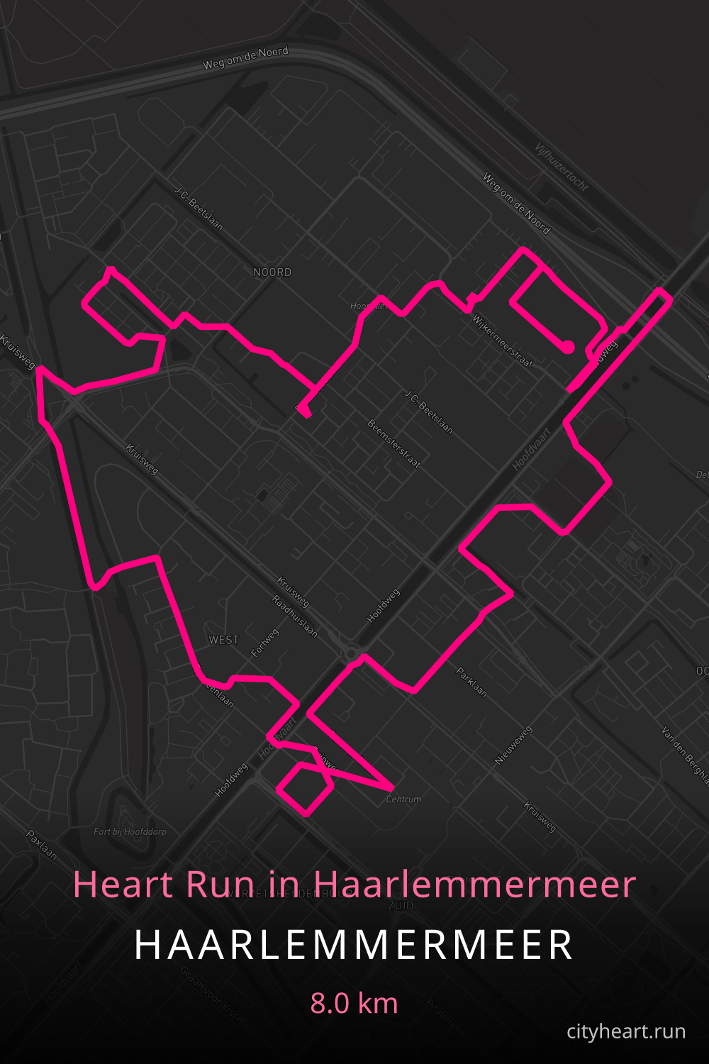 Heart-shaped running route in Haarlemmermeer, 8.9 km — GPS art for Strava