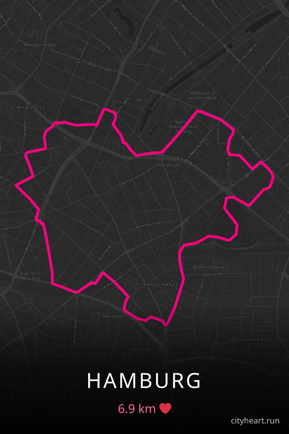 Heart-shaped running route in Hamburg, 6.9 km — GPS art for Strava