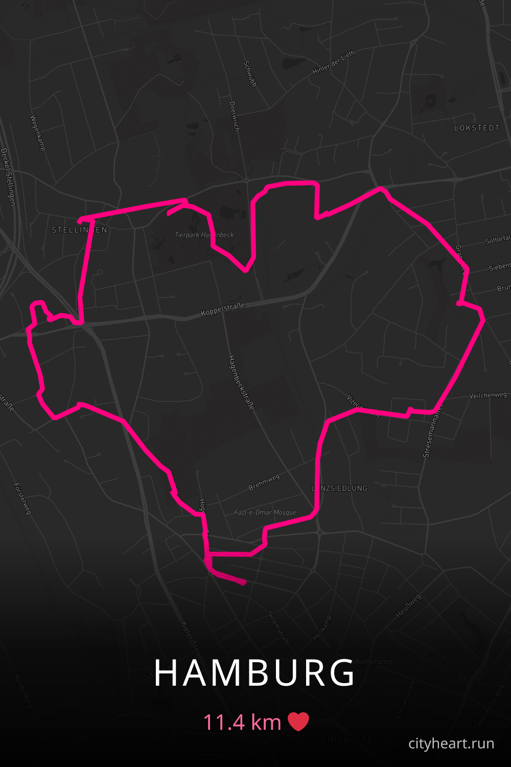 Heart-shaped running route in Hamburg, 11.4 km — GPS art for Strava