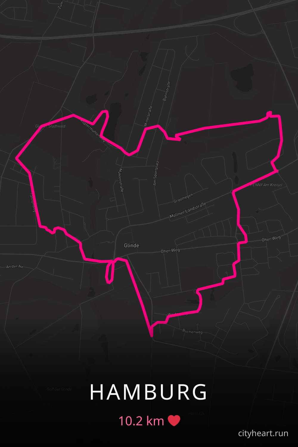 Heart-shaped running route in Hamburg, 10.2 km — GPS art for Strava