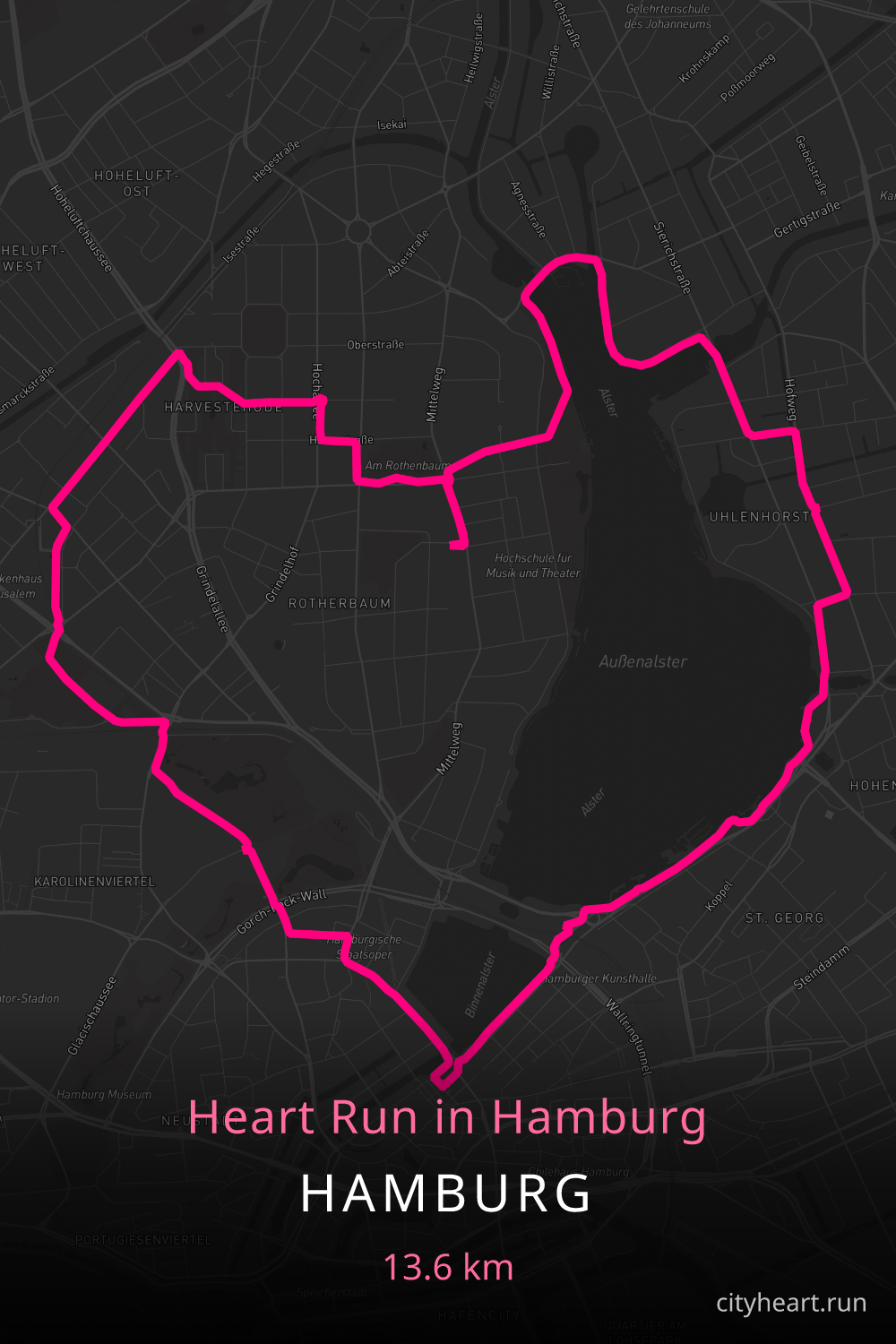 Heart-shaped running route in Hamburg, 14.2 km — GPS art for Strava