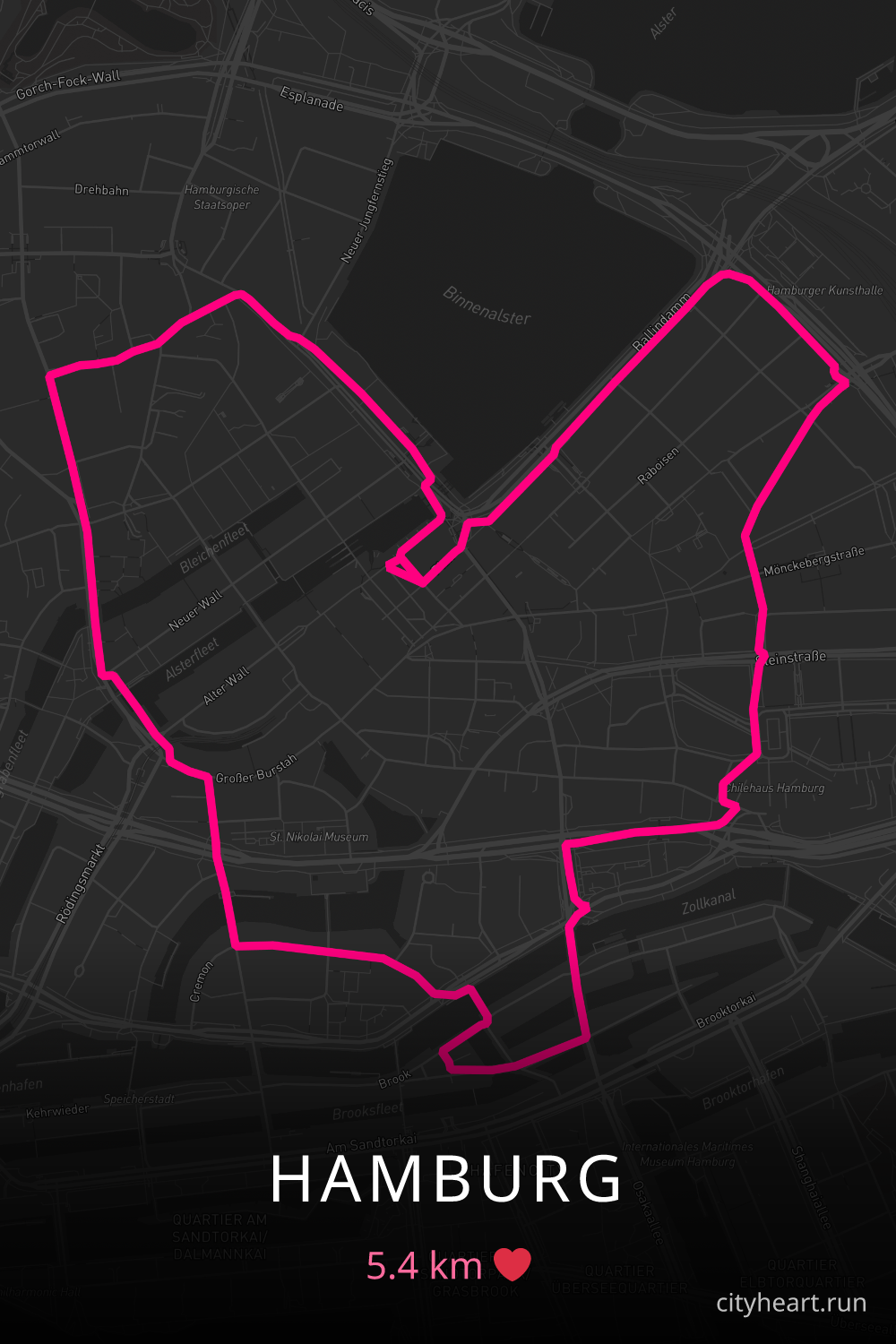 Heart-shaped running route in Hamburg, 5.4 km — GPS art for Strava