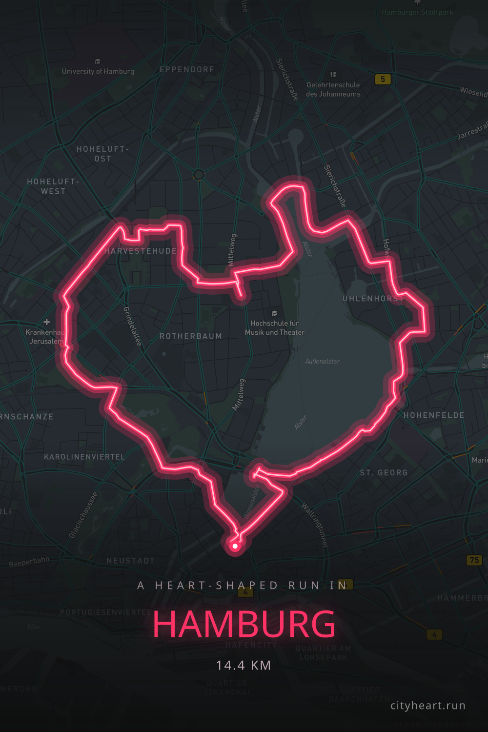 Heart-shaped running route in Hamburg, 15.9 km — GPS art for Strava