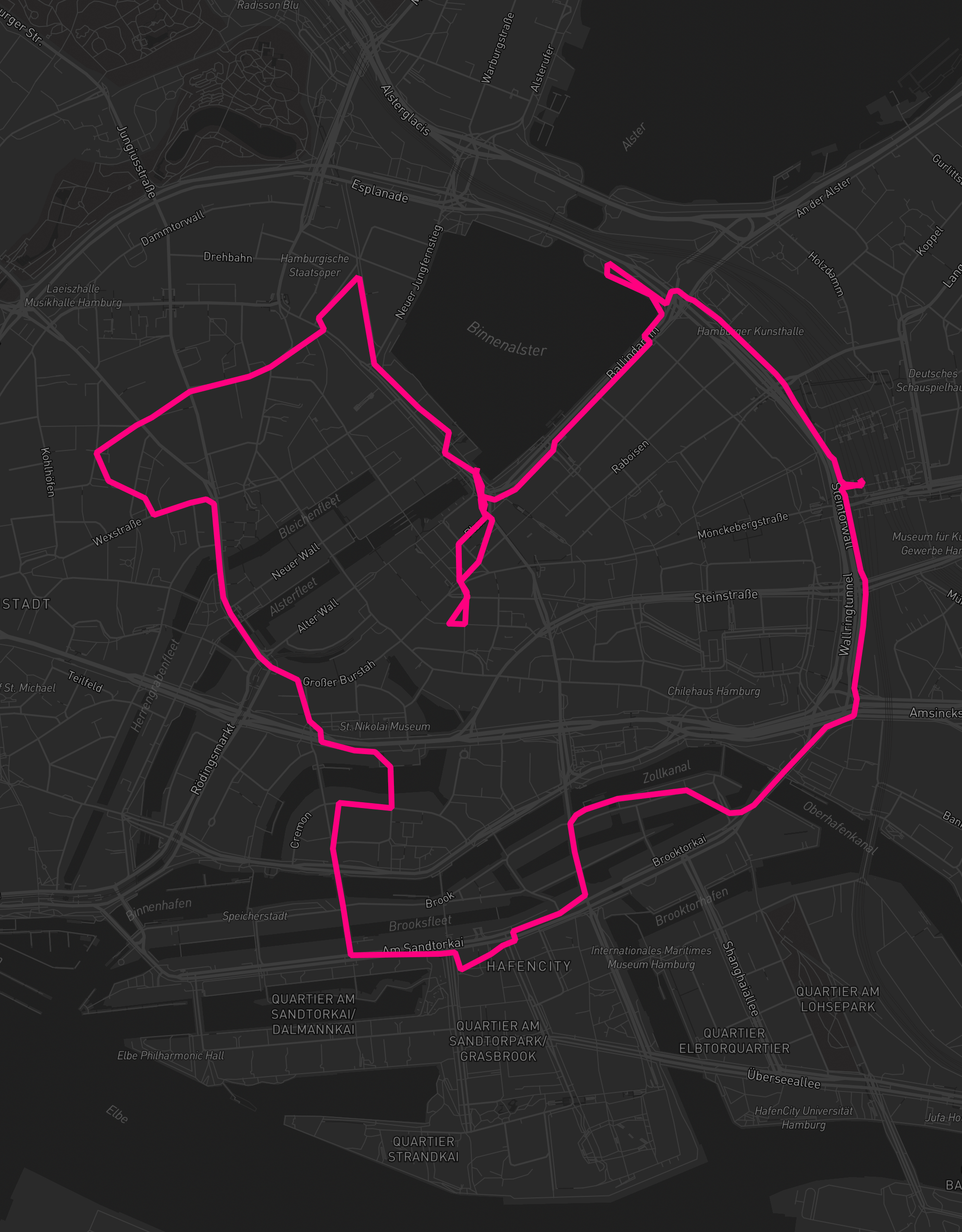 Heart-shaped running route in Hamburg, 8.1 km — GPS art for Strava