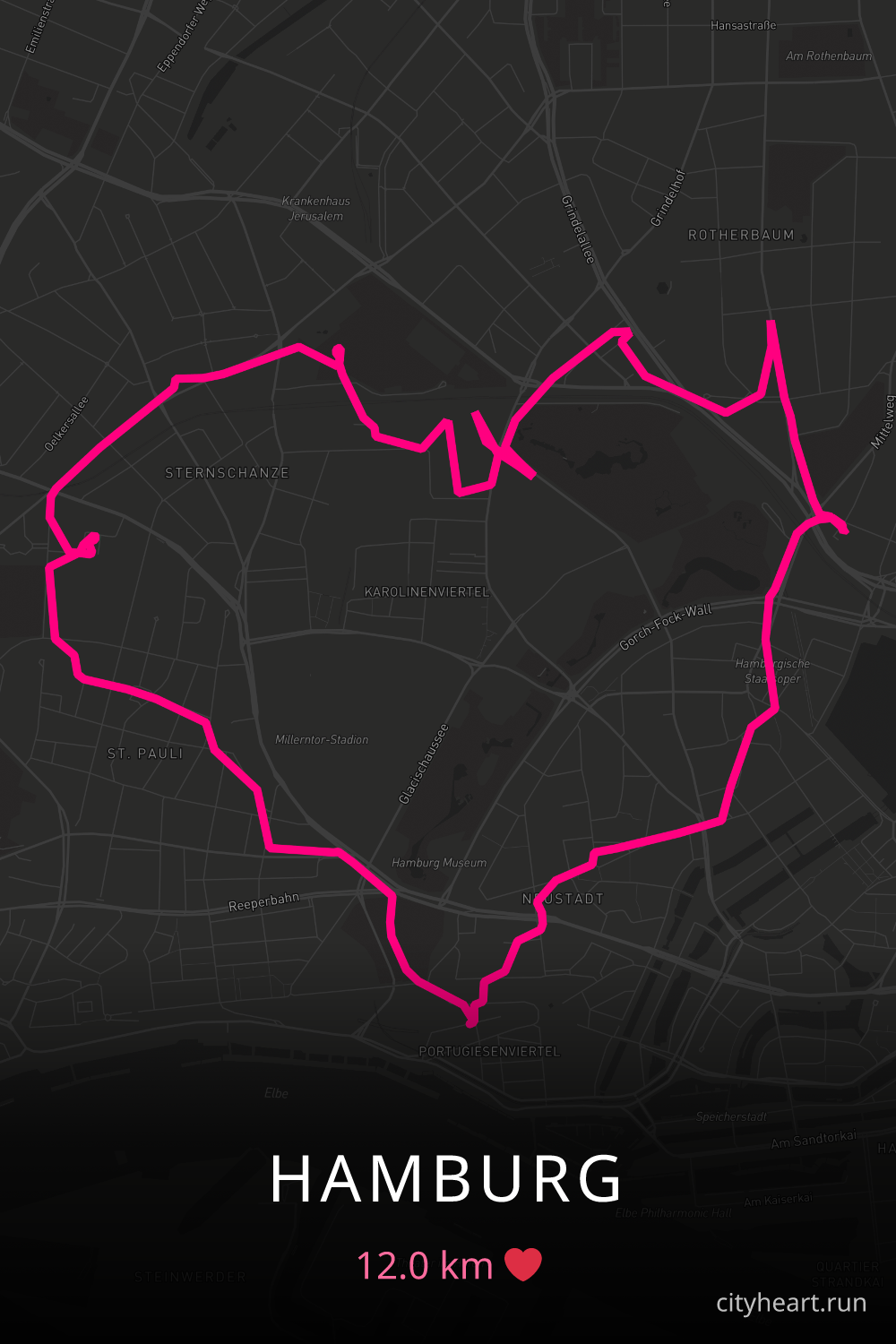 Heart-shaped running route in Hamburg, 12.0 km — GPS art for Strava
