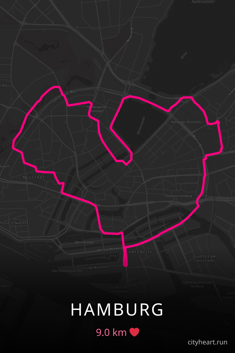 Heart-shaped running route in Hamburg, 9.0 km — GPS art for Strava