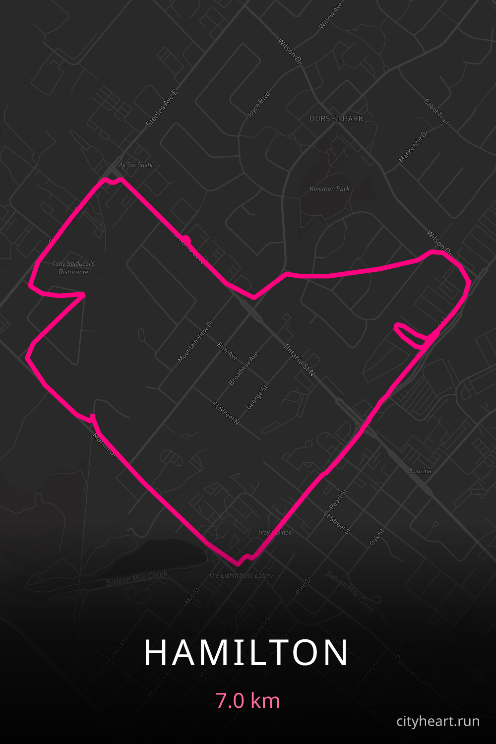 Heart-shaped running route in Hamilton, 7.0 km — GPS art for Strava