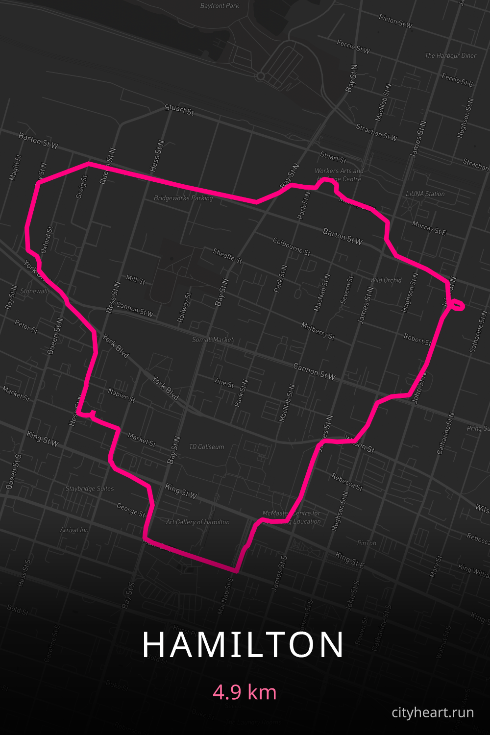 Heart-shaped running route in Hamilton, 4.9 km — GPS art for Strava