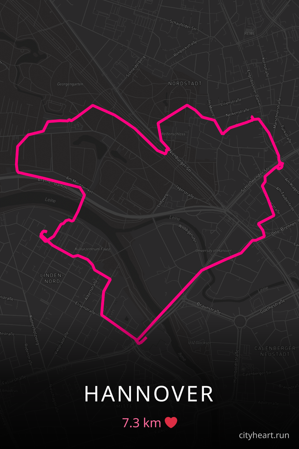 Heart-shaped running route in Hannover, 7.3 km — GPS art for Strava