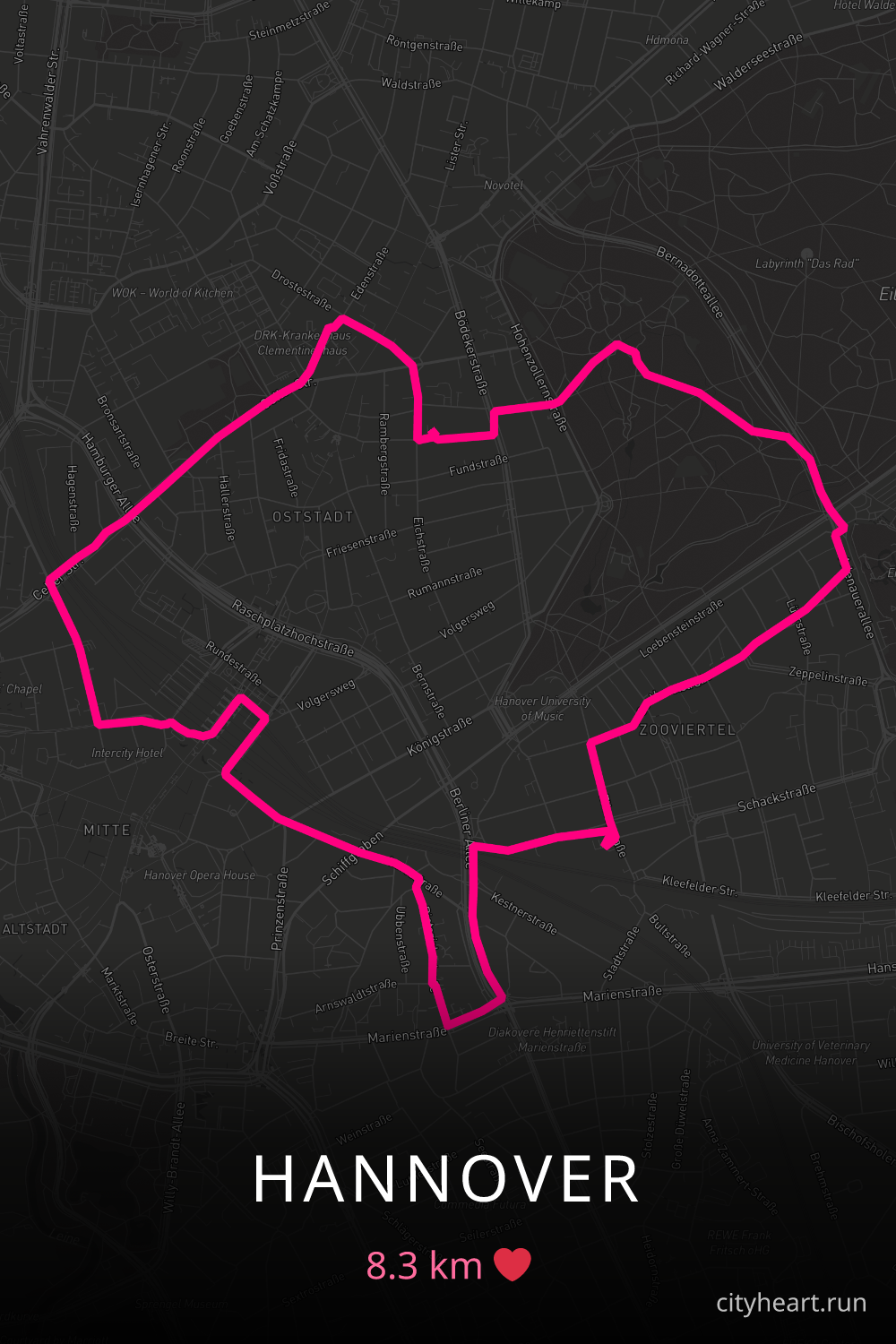 Heart-shaped running route in Hannover, 8.3 km — GPS art for Strava