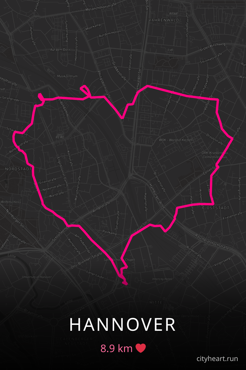 Heart-shaped running route in Hannover, 8.9 km — GPS art for Strava