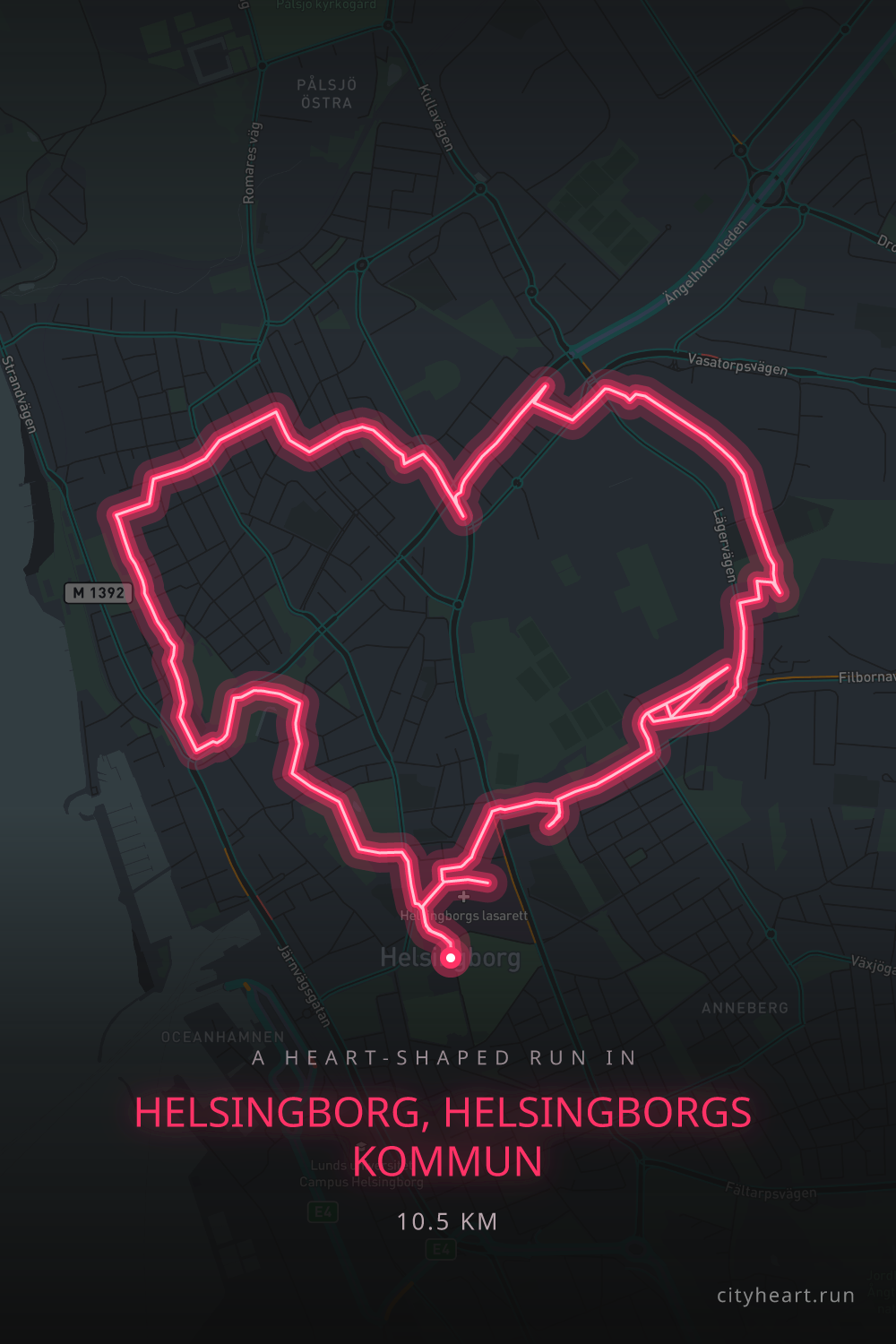 Heart-shaped running route in Helsingborg, Helsingborgs kommun, 11.2 km — GPS art for Strava