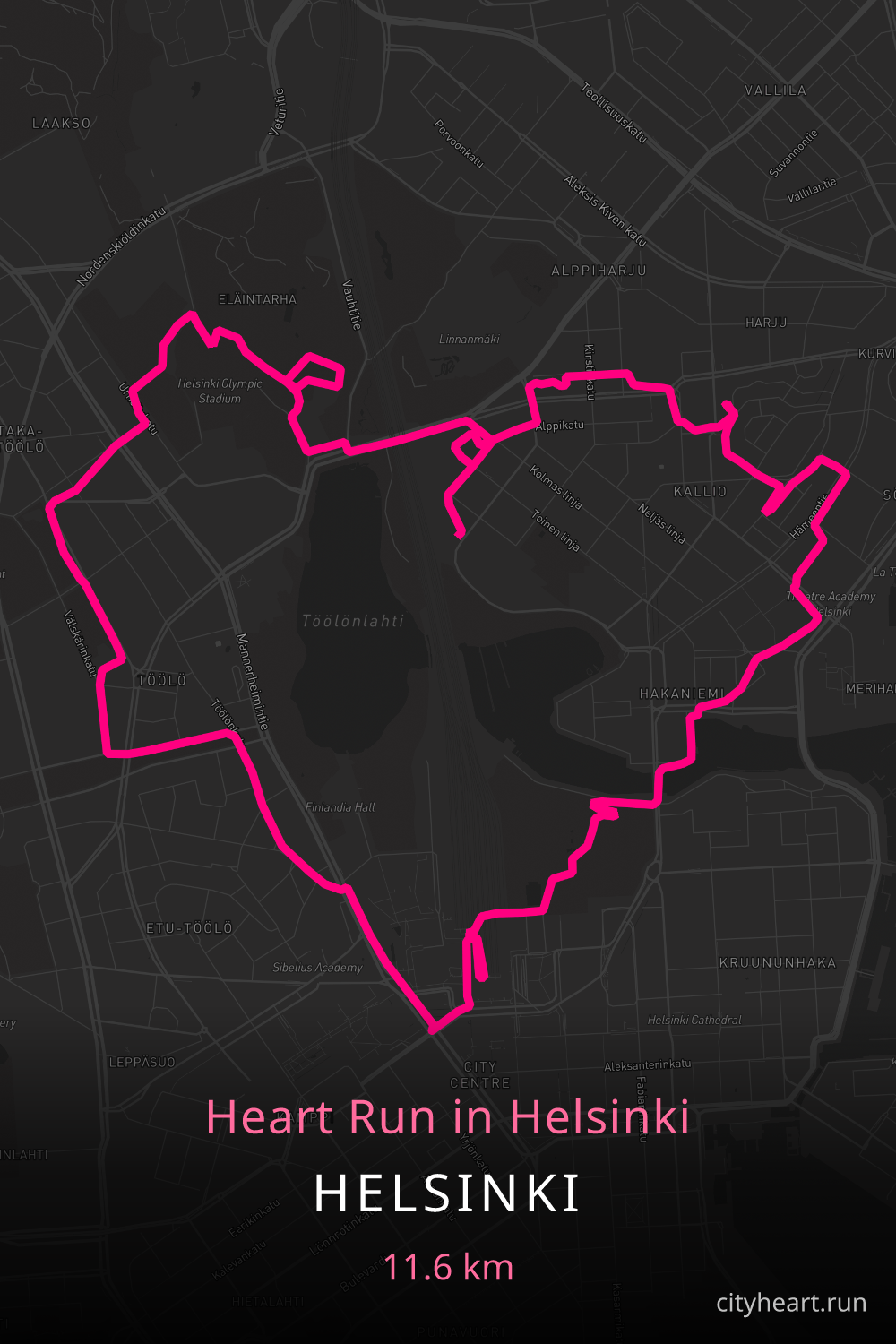 Heart-shaped running route in Helsinki, 12.2 km — GPS art for Strava